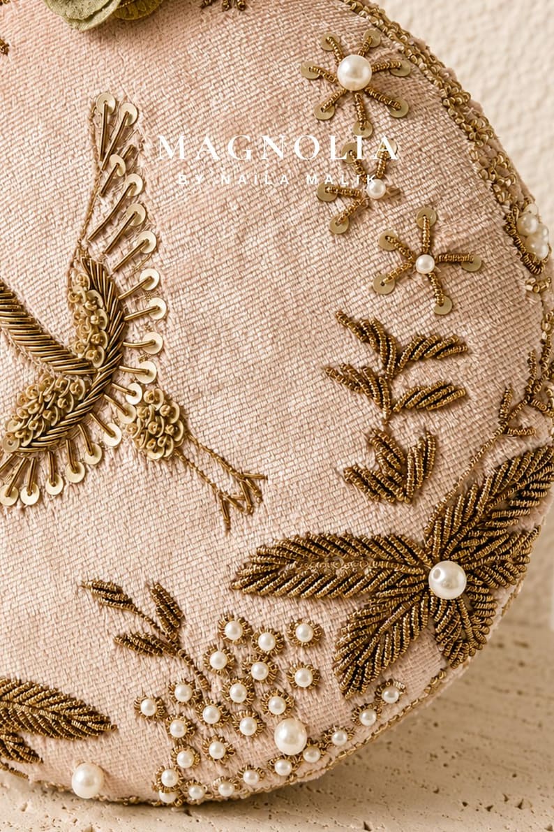 Crane Embroidered Gold Soft Pink Clutch Bag, Blush Velvet Round Minaudière, Statement Ring Handle Purse, Luxury Evening Bag | PRE ORDER image 8