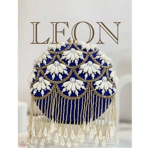 Minaudière Blue circular clutch with pearl work beaded Round bag | Pre Order only
