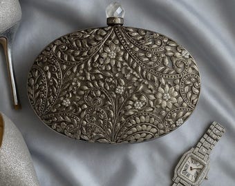 Silver Motif Oval Clutch Bag Mother of Pearl Evening Purse | Ready to Ship