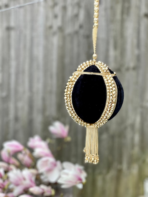 Velvet Black Brass Potli Bag Round Clutch Purse | Gold Hangings | Unique Statement Bag