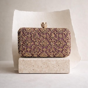 Deep Mauve Silk Clutch | Antique Gold Dabka Work | Handcrafted Bridal Evening Bag | Made to Order