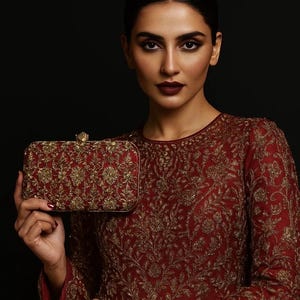 Dark Red Silk Clutch | Antique Gold Dabka Work | Handcrafted Bridal Evening Bag | Made to order