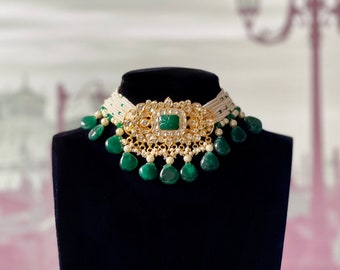 Green & Gold Kundan Choker Earrings Jewellery | Necklace box included