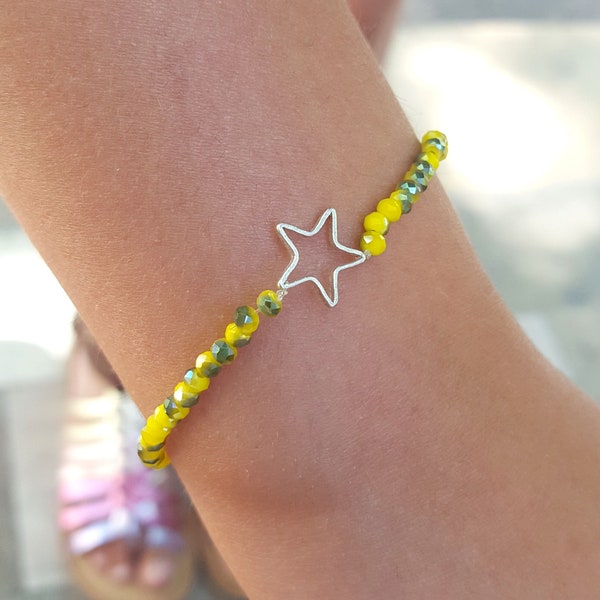 Bracelet fin en perles jaune et breloque étoile en acier argenté