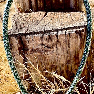 Puede incluir: Un cabestro de cuerda con estampado de cactus verde y blanco con una pieza metálica plateada y borlas blancas. El cabestro se muestra sobre un fondo de madera envejecida con hierba seca.