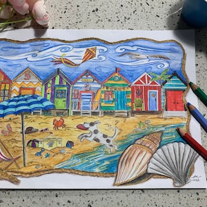 Hand Drawn adult colouring page, Beach Day instant download printable