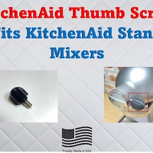 May include: Black plastic thumb screw with a silver metal shaft. The screw fits KitchenAid stand mixers. The screw is shown in two images: one close-up and one on a KitchenAid mixer.