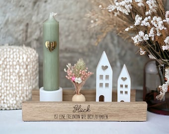 Girlfriend gift set with little house and dried flowers, happiness is having a girlfriend like you, wooden candle set,