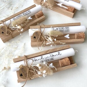 Geldgeschenk zur Hochzeit Kerzengeschenk in Holzbox, Reagenzglas Geldgeschenk
