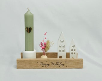 "Happy Birthday" gift set with decorative houses and candle, candle gift set with dried flowers