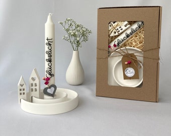 Lucky light gift box with candle holder + 2 houses made of Raysin, personalized candle, gift set