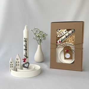 Lucky light gift box with candle holder + 2 houses made of Raysin, personalized candle, gift set