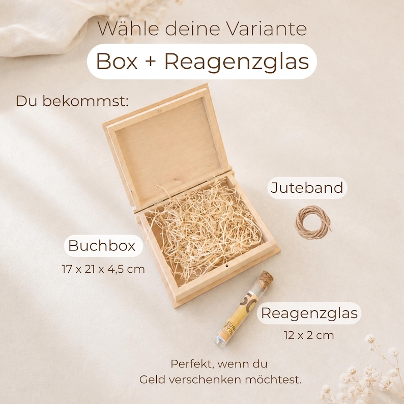 May include: A light-colored wooden box with a hinged lid, filled with straw-like filler material. Beside it is a small glass test tube with a cork stopper and a coil of jute twine. Text labels indicate dimensions of 17 x 21 x 4.5 cm and 12 x 2 cm.
