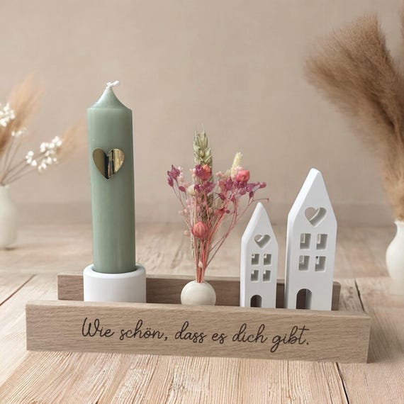Geschenkset "Wie schön, dass es dich gibt" / "Wie schön, dass es euch gibt" mit Lichthäusern und Kerze, Kerzengeschenkset mit Trockenblumen