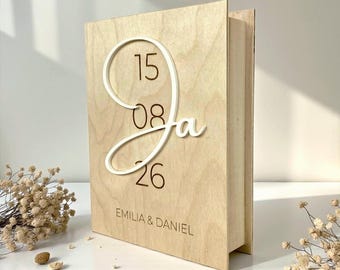 Personalized wedding money gift – wooden book with names & date – gift idea for the bride and groom