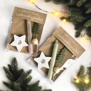 Festliches Mitbringsel – Weihnachtsset in der Tüte mit Kerzenhalter beschrifteter Baumkerze und Deko Tannenbaum – Weihnachten to go