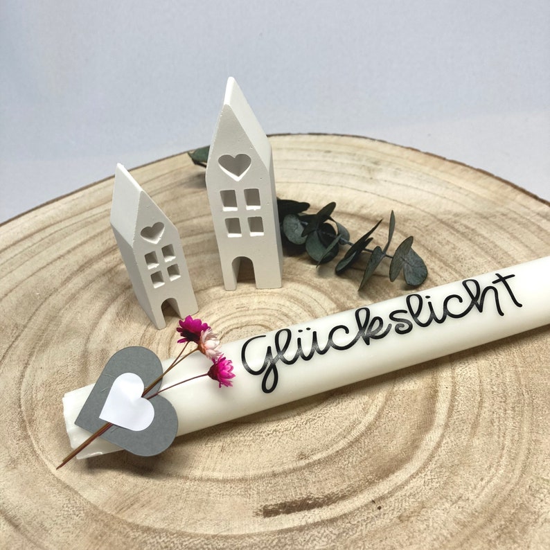 Glückslicht Geschenkbox mit Kerzenhalter 2 Häuschen aus Raysin, personalisierte Kerze , Geschenkset Bild 9