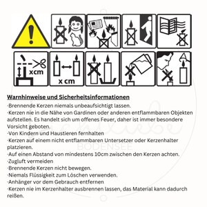 Peut inclure: Instructions de s&eacute;curit&eacute; en noir et blanc pour l'utilisation de bougies. Les instructions comprennent des avertissements concernant le maintien des bougies &agrave; l'&eacute;cart des objets inflammables, des enfants et des animaux domestiques. Les instructions recommandent &eacute;galement d'utiliser un bougeoir non inflammable et de maintenir les bougies &agrave; au moins 10 cm de distance.