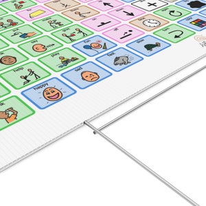 May include: A colorful visual communication board with pictures and words for children. The board includes words like "help", "happy", "play", "fun", "fast", "sad", "turn", "time", "up", "down", "on", "off", "get", "give", "make", "say", "put", "there", "here", "and", "again", "color", "slow", "drink".