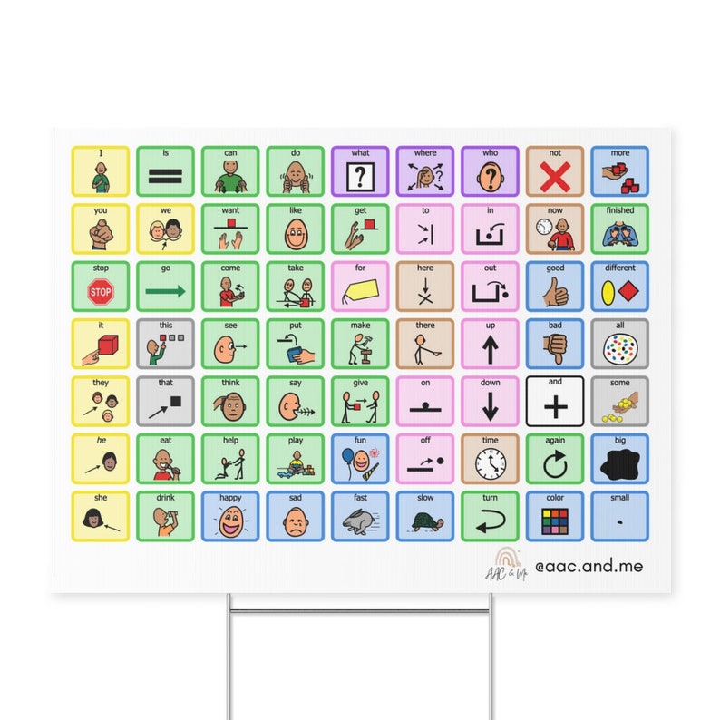 May include: A colorful chart with 64 squares, each containing a different symbol and word. The words are in English and the symbols are simple line drawings. The chart is designed to help people communicate using visual aids.