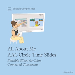 May include: Digital educational resource titled All About Me AAC Circle Time Slides, featuring editable Google Slides. The graphic shows a person interacting with a digital whiteboard displaying communication icons and a cartoon character.