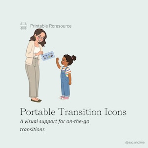 May include: A digital illustration featuring an adult with glasses in a beige cardigan and pants holding a blue board with icons, and a child in a striped shirt and blue overalls reaching toward it. Text reads Printable Resource and Portable Transition Icons.
