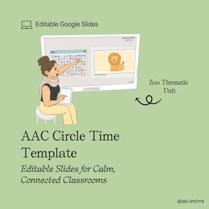 Puede incluir: Ilustración de una pantalla de presentación con el texto "Editable Google Slides" y "Zoo Thematic Unit". La pantalla muestra un gráfico de león y una cuadrícula. También es visible el texto "AAC Circle Time Template" y "Editable Slides for Calm, Connected Classrooms".