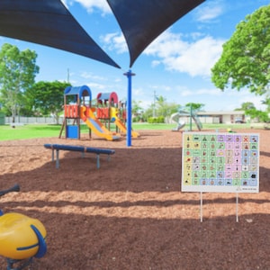 May include: A colorful sign with a grid of symbols and icons, likely for use in a playground or other public space. The sign is on a white background with a light blue border. The text at the bottom of the sign reads "www.and-the.me".