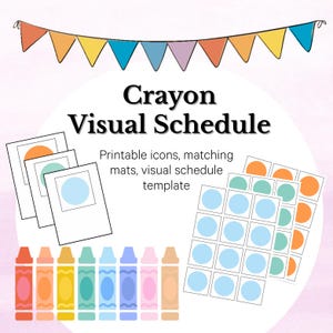 Puede incluir: Imagen promocional de un "Crayon Visual Schedule" con iconos imprimibles y tapetes. El diseño incluye crayones, una pancarta y ayudas visuales en colores pastel. El texto dice "Crayon Visual Schedule" y "Printable icons, matching mats, visual schedule template."