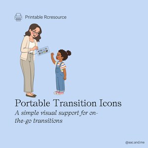 May include: Illustration of a woman and a child interacting with a visual aid. The woman holds a card with icons, and the child gestures. Text reads "Portable Transition Icons" and "A simple visual support for on-the-go transitions."