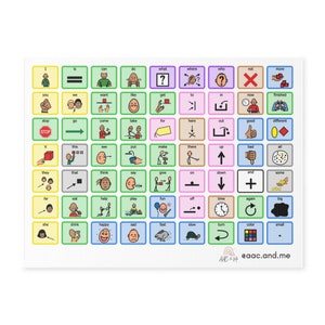 May include: A colorful chart with 64 squares, each containing a different symbol and word. The words are in English and the symbols are black and white line drawings. The chart is organized into rows and columns, with each row representing a different category of words. The categories include: pronouns, verbs, adjectives, adverbs, prepositions, and conjunctions.