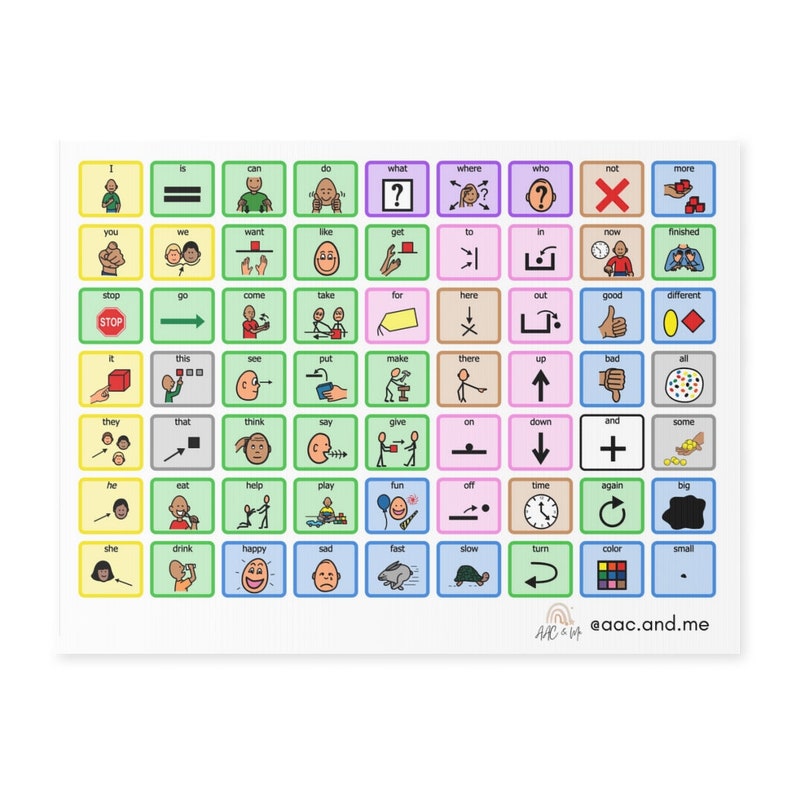 May include: A colorful chart with 64 squares, each containing a different symbol and word. The words are in English and the symbols are black and white line drawings. The chart is organized into rows and columns, with each row representing a different category of words. The categories include: pronouns, verbs, adjectives, adverbs, prepositions, and conjunctions.