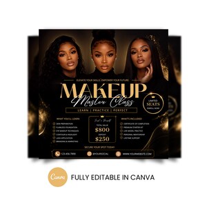 Puede incluir: Un folleto digital para una clase magistral de maquillaje con tres personas, texto dorado sobre fondo negro y detalles sobre preparación de la piel, base, contorno y pestañas. Indica un valor total de 800 $ y un depósito de 250 $.