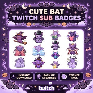 May include: A digital collection of 13 purple bat illustrations for Twitch sub badges. The set features bats with various accessories like witch hats, top hats, crowns, blankets, and stars. The text reads CUTE BAT TWITCH SUB BADGES.