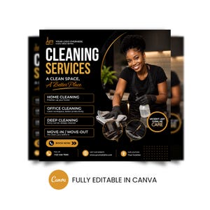 Può includere: Un modello di volantino digitale nero e oro per servizi di pulizia con il testo Cleaning Services, A Clean Space, A Better Place, Home Cleaning, Office Cleaning, Deep Cleaning, Move-In/Move-Out e We Don't Just Clean, We Care.