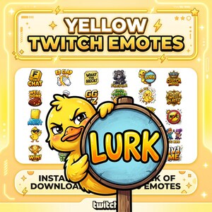 Puede incluir: Una colección de emotes digitales de Twitch con temática amarilla, con un pato amarillo central que sostiene un letrero de madera redondo que dice LURK. El gráfico incluye varios iconos pequeños con texto como F IN CHAT, EZ CLAP, WHAT THE HECK y CLUTCH MOOD, sobre un fondo amarillo claro con el encabezado YELLOW TWITCH EMOTES.