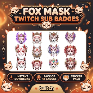 May include: A digital collection of 12 fox mask Twitch sub badges featuring intricate red and white designs with floral, crown, and purple flame accents. The graphic includes the text FOX MASK TWITCH SUB BADGES, INSTANT DOWNLOAD, PACK OF 12 BADGES, STICKER PACK, and twitch.