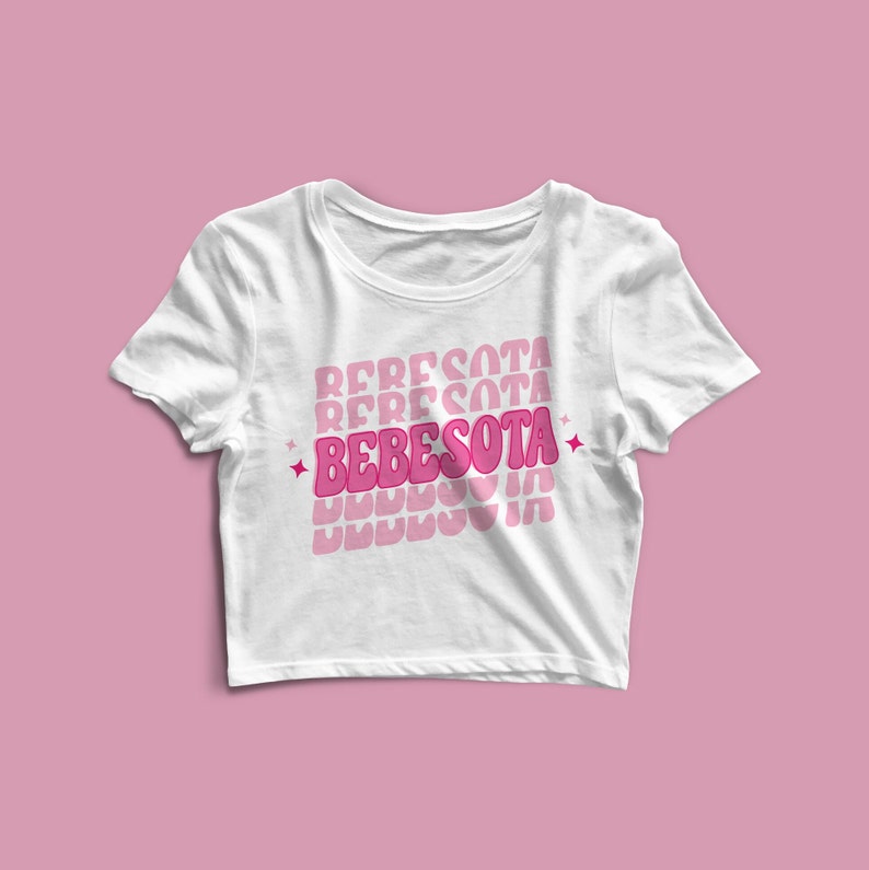 May include: White cropped t-shirt with the text "BEBESOTA" repeated in pink and white, with a pink heart and stars.