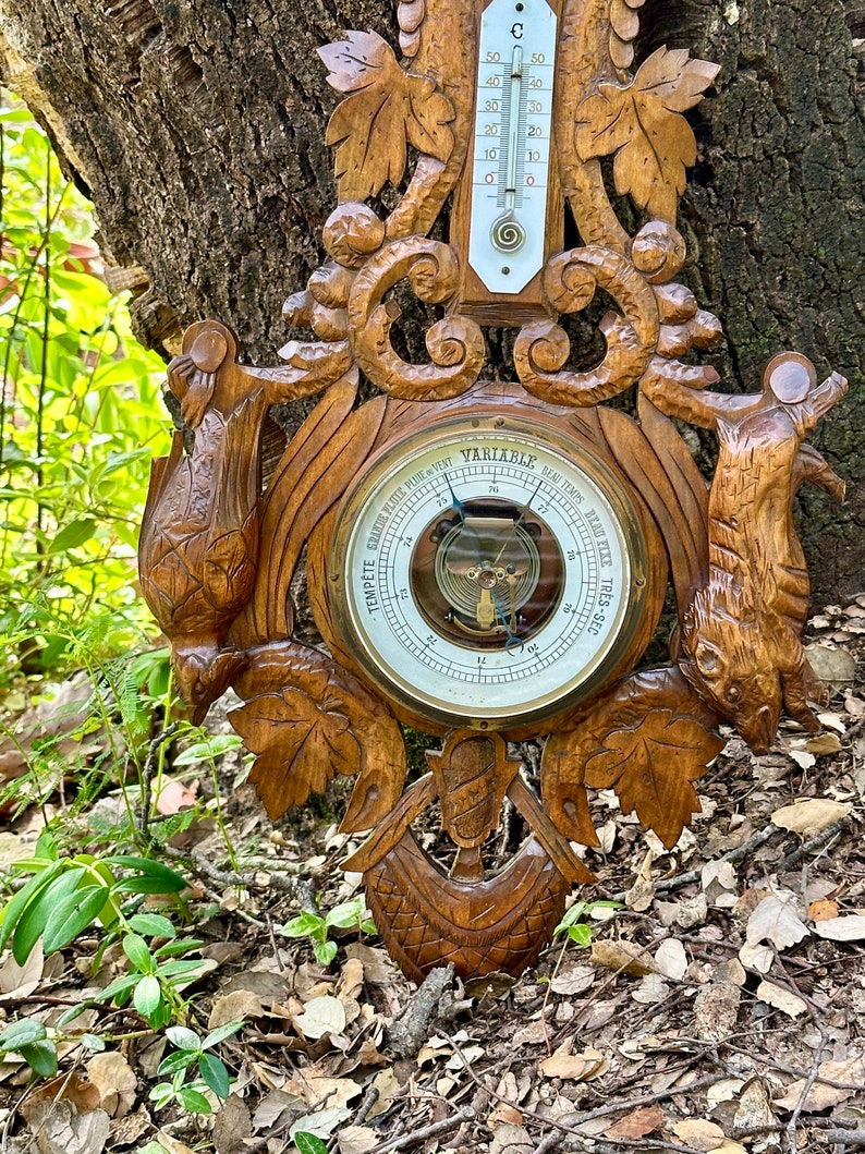 French Antique Black Forest Hand Carved Wooden Barometer and ...