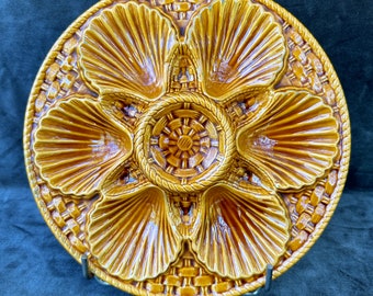 Vintage French Brown Orange Scalloped Majolica Oyster Shell Plate Longchamps