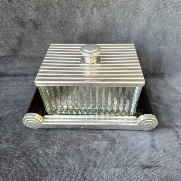 French Vintage Art Deco Glass Biscuit Box on Mirror Tray