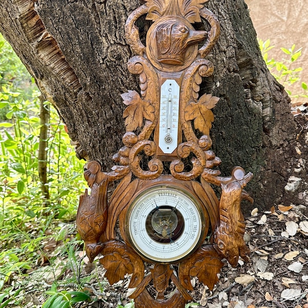 French Antique Black Forest Hand Carved Wooden Barometer and Thermometer