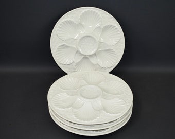 Vintage French Set of 4 White Majolica Oyster Plate Longchamps