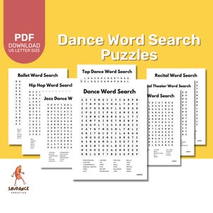 Dance Word Search Puzzle Bundle - Ballet Tap Jazz Hip Hop Clogging Musical Theater Recital - Digital Download - Printable