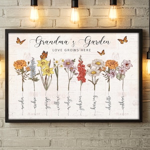 Grandma's Garden Gift, Custom Grandma With Grandkid's Names & Birth Month Flowers, Grandma Gift