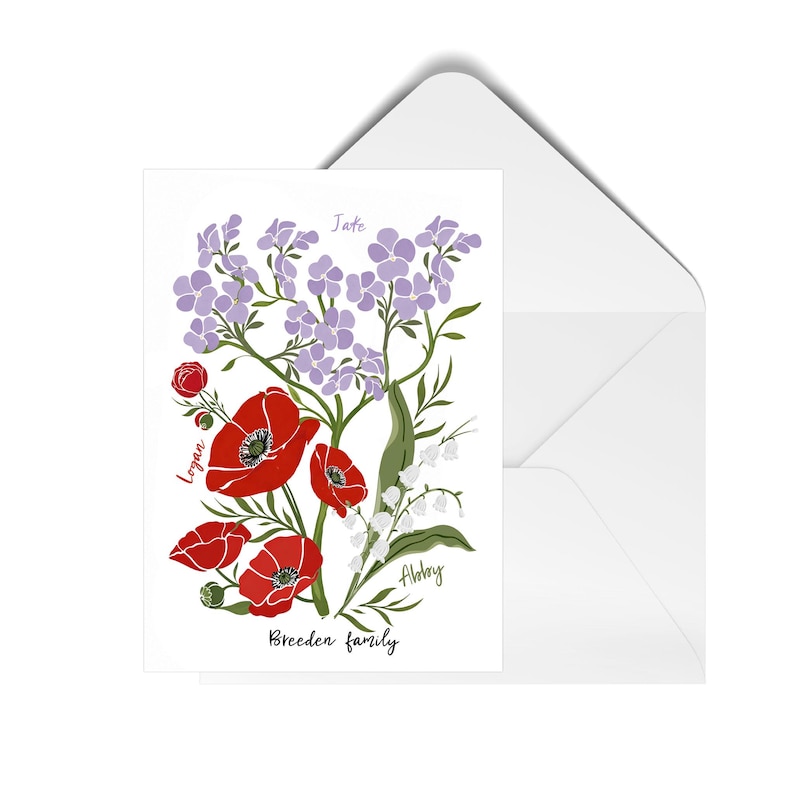 May include: A floral art print featuring red poppies, purple flowers, and white lily of the valley. The print includes the names "Logan", "Jate", and "Abby", with "Breeden family" written below. The print is inside a white envelope.
