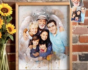 Add Deceased Person To Photo Memorial Gifts, Add Angel Wings To Photo In Memory Of Dad In Heaven, Combine Watercolor Portrait From Photos