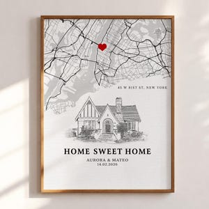 May include: A framed wall art print featuring a black and white street map of New York with a red heart icon, a detailed sketch of a house, and the text 45 W 81ST ST, NEW YORK, HOME SWEET HOME, AURORA & MATEO, and the date 14.02.2026.