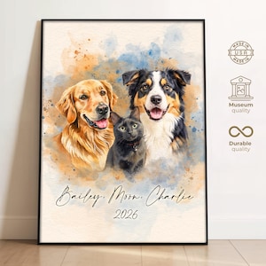May include: A framed watercolor portrait featuring a golden retriever, a black cat, and a tricolor dog with the names Bailey, Moon, Charlie and the year 2026 printed below. The artwork includes icons for Made in USA, Museum quality, and Durable quality.