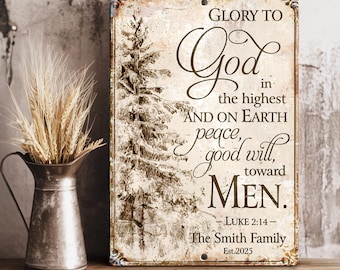 Christmas Tree Art With Scripture, Glory to God in the Highest Metal Sign, Farmhouse Christmas Wall Decor, Christmas Gift For Family